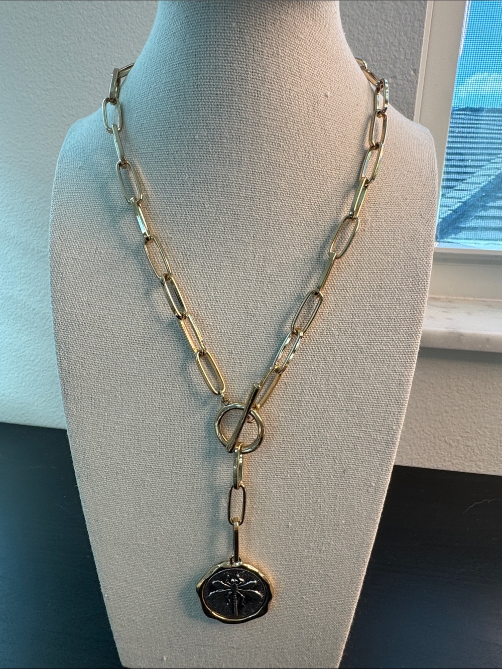 Gold Link Chain Necklace with Dragonfly Medallion